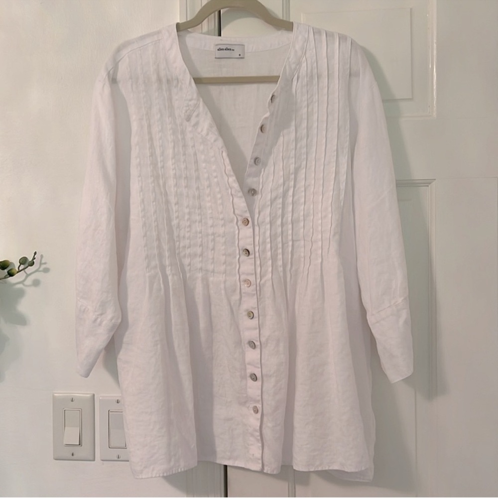 Allen Allen White Pleated Linen Button Down Tunic 1X